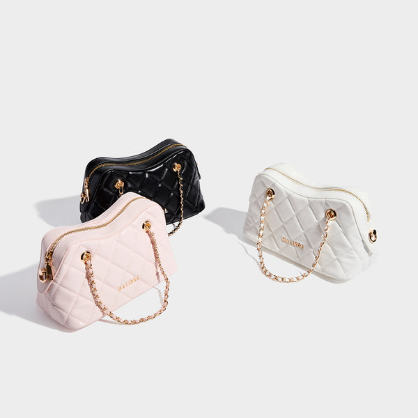 Diamond-quilted mini shoulder bag with gold-tone chain strap and top zip closure, detail view 2