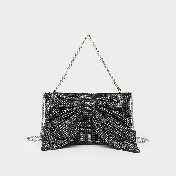 Kleine rechteckige Clutch zum Umhängen mit Schleife, vollständig mit Strasssteinen besetzt, silberfarbenem Kettenriemen, Detailansicht 8