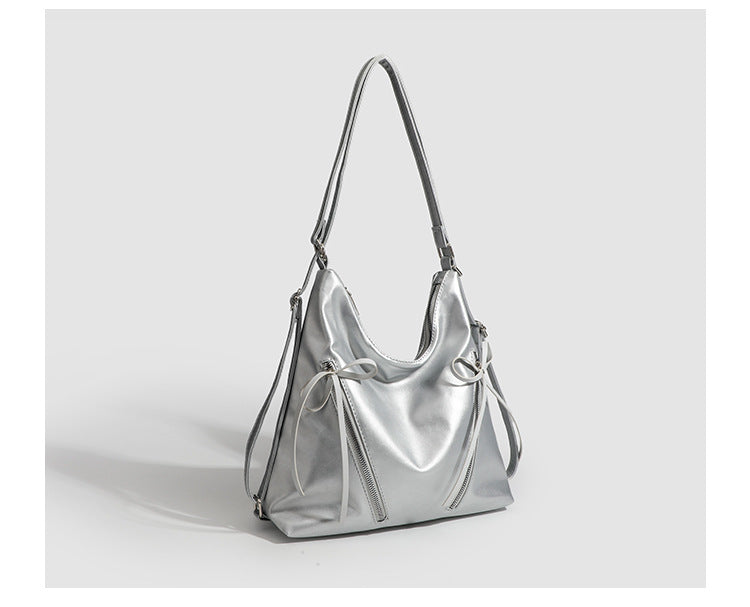 Slouchy hobo shoulder bag with bow detail and silver-tone hardware, detail view 18