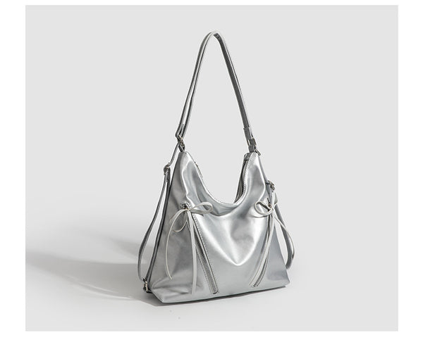 Slouchy hobo shoulder bag with bow detail and silver-tone hardware, detail view 18