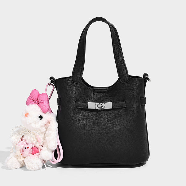 Kleine strukturierte Tote-Bag mit genarbter Oberfläche, silberfarbenem Drehverschluss und zwei Tragegriffen, Detailansicht 10
