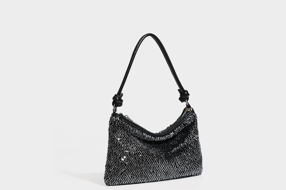 Small sequin hobo shoulder bag with knotted strap and zip closure, detail view 34
