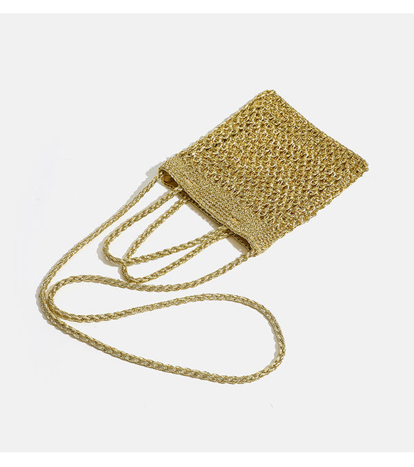 Small soft rectangular metallic crochet-weave shoulder bag with braided top handle and long crossbody strap, detail view 8