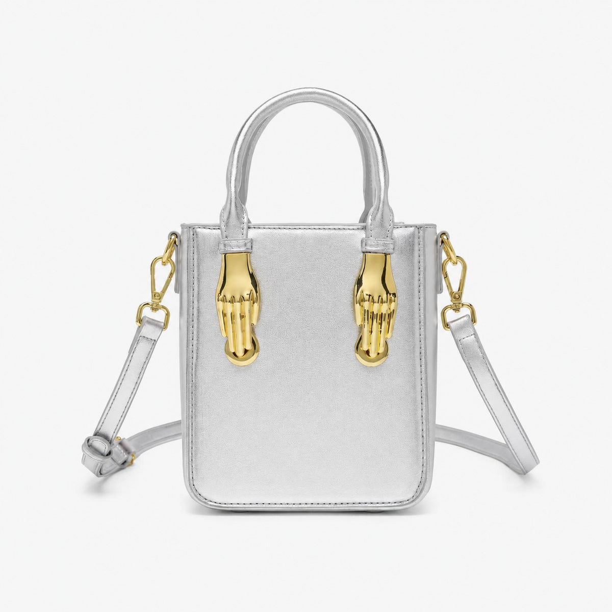 Mini-Tote mit strukturierter rechteckiger Form, goldfarbenem skulpturalem Drehverschluss und zwei oberen Henkeln, Detailansicht 7