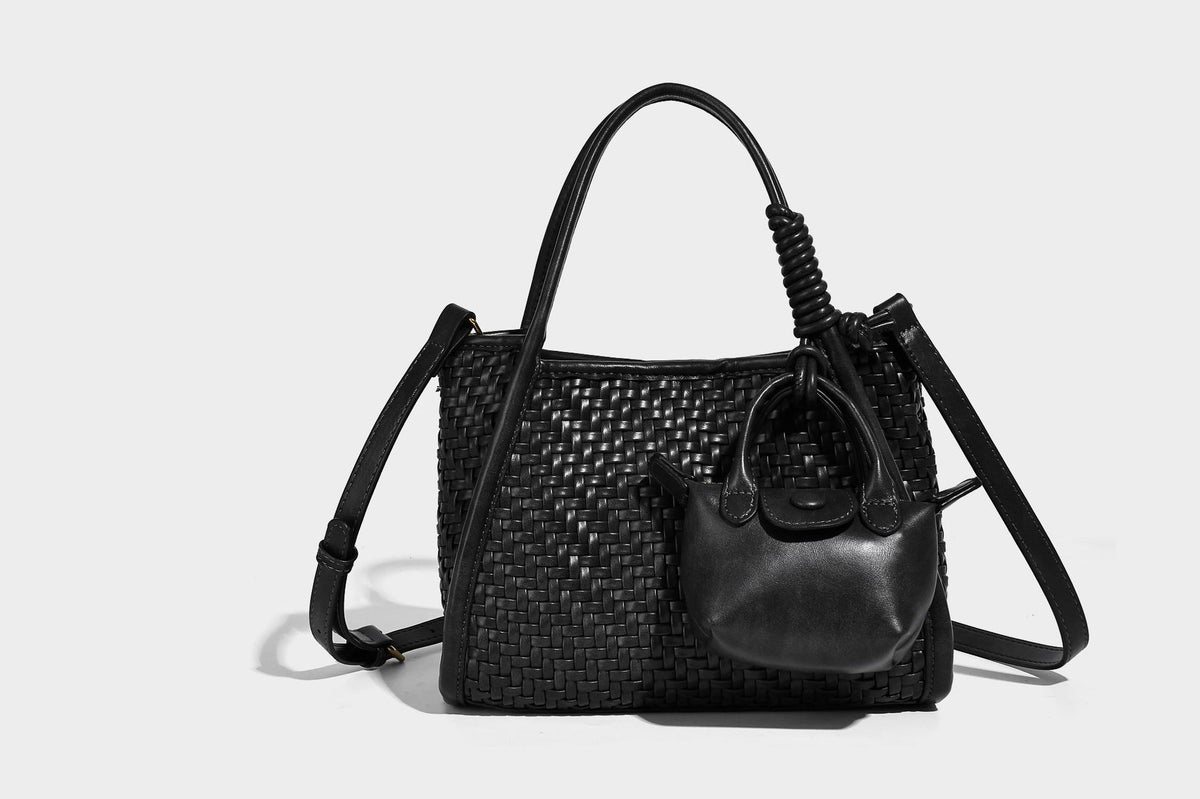 Woven texture open-top tote bag with smooth trim top handles and attached mini drawstring pouch in dark brown, detail view 30