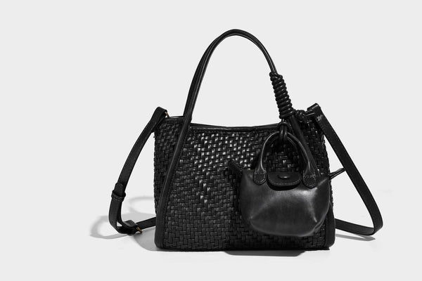 Woven texture open-top tote bag with smooth trim top handles and attached mini drawstring pouch in dark brown, detail view 30