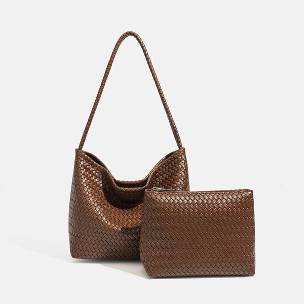Woven leather-look hobo shoulder bag with braided strap and matching zip pouch, detail view 3