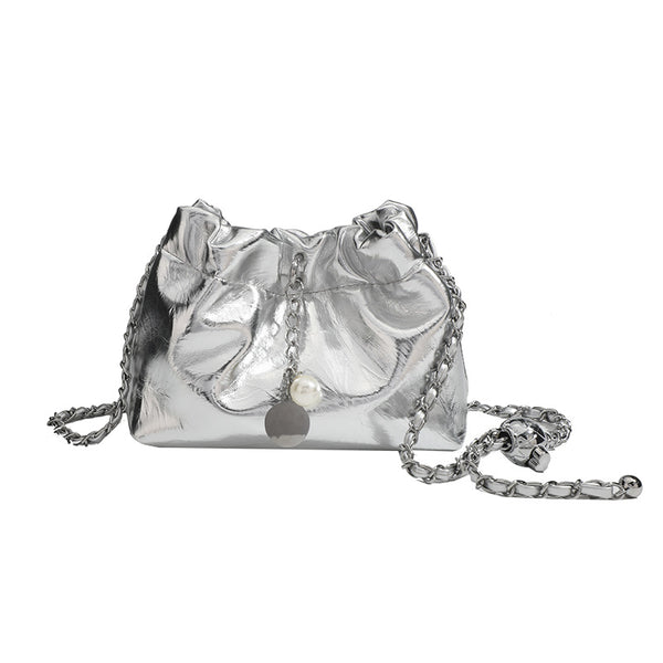 Small ruched drawstring bucket bag with twisted-link chain strap and pearl charm pull, detail view 5