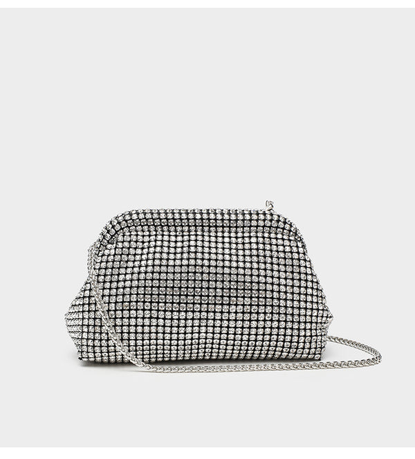 Small crystal rhinestone clutch crossbody bag with silver-tone chain strap and frame-clip closure, detail view 16