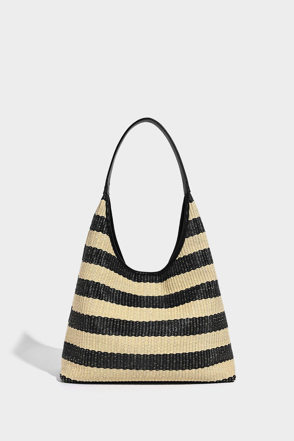 Black and beige striped woven shoulder tote bag with leather-look trim and detachable black zip pouch, detail view 16