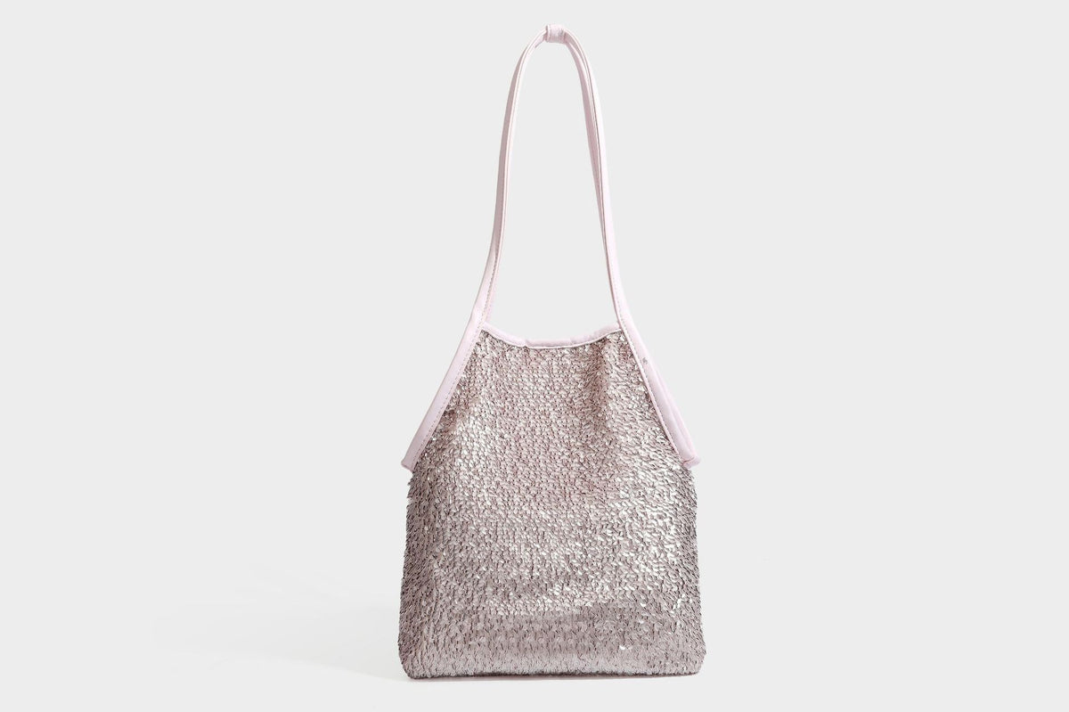 Kleine Schulter-Tote-Bag mit Pailletten, langem Metallic-Riemen und trapezförmiger Silhouette, Detailansicht 34
