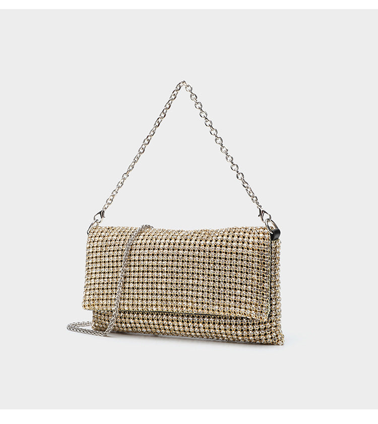Small rectangular all-over rhinestone flap crossbody clutch bag with silver chain strap, detail view 12