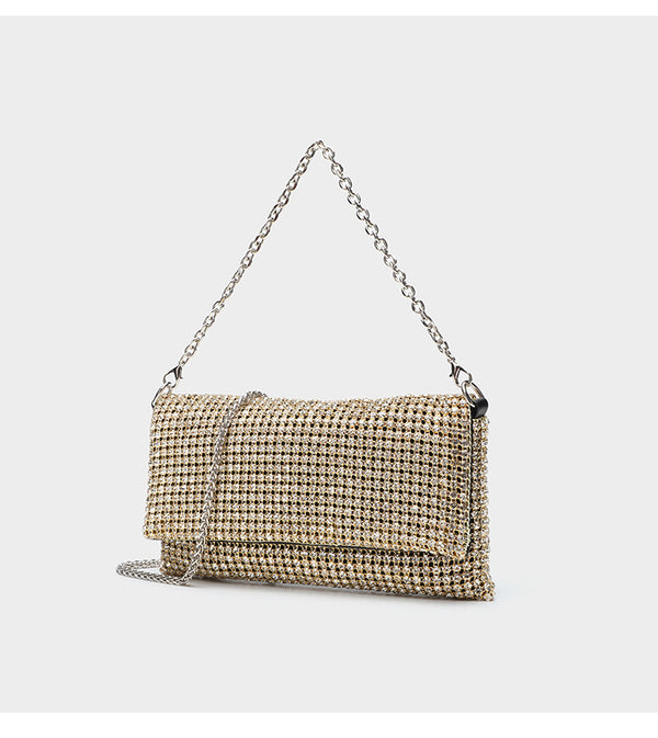 Small rectangular all-over rhinestone flap crossbody clutch bag with silver chain strap, detail view 12