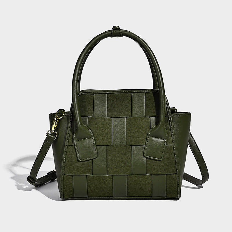 Small structured woven-panel mini tote bag with double top handles and detachable crossbody strap in matte leather-look