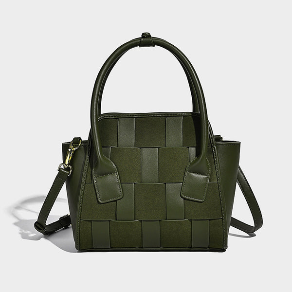 Small structured woven-panel mini tote bag with double top handles and detachable crossbody strap in matte leather-look