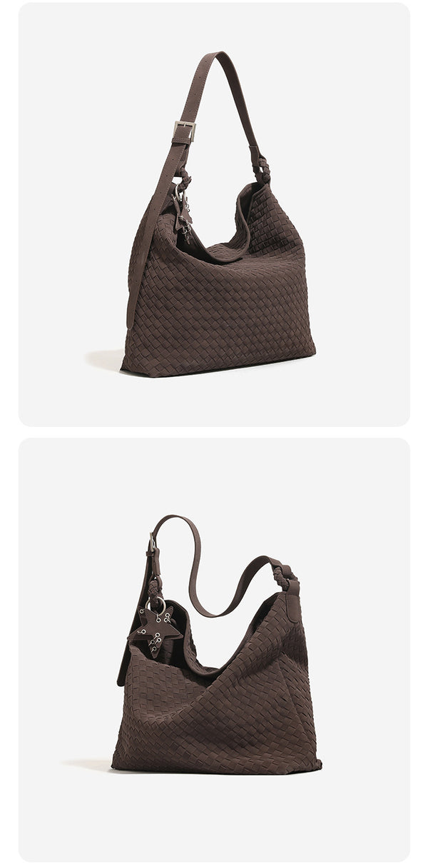 Slouchy woven hobo shoulder bag with matte suede-like finish, adjustable strap, and star charm hardware, detail view 10