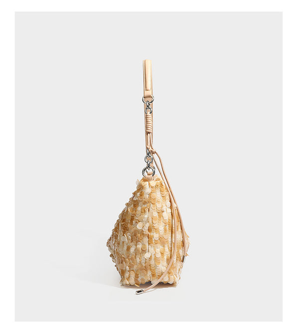 Slouchy paillette sequin hobo shoulder bag with zip closure and adjustable leather-look strap with silver chain hardware