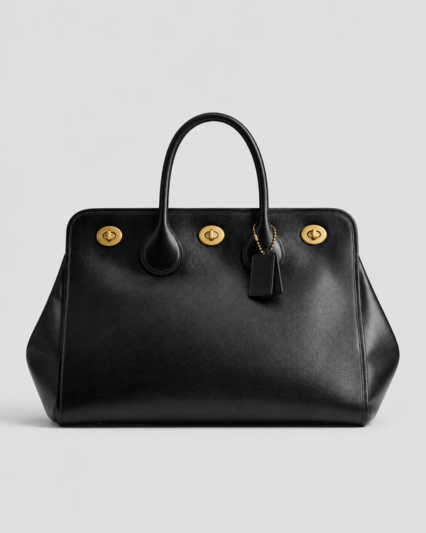 Structured leather-look tote bag with three gold-tone turn-lock closures and double rolled top handles, detail view 21