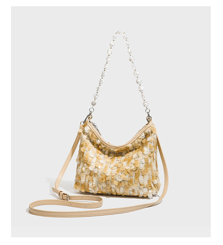 Small crescent sequin shoulder bag with pearl beaded strap and zip closure, detail view 12