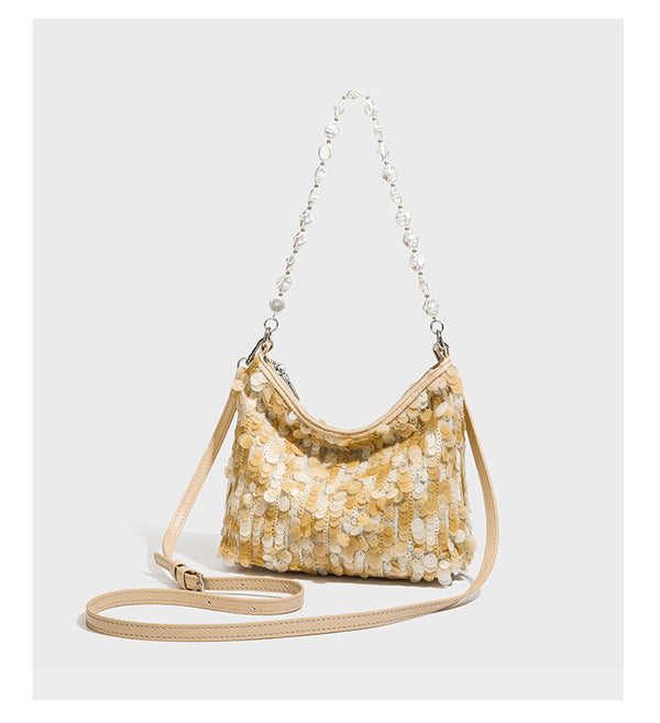 Small crescent sequin shoulder bag with pearl beaded strap and zip closure, detail view 12