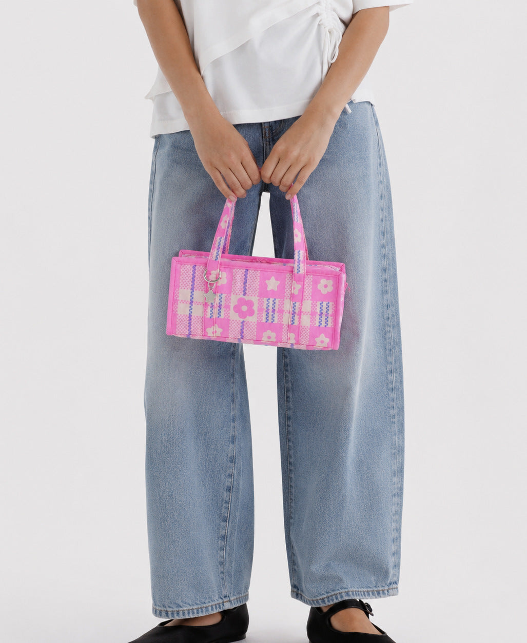 Structured rectangular retro plaid mini handbag with flower and star appliqués, silver star charm, and twin top handles