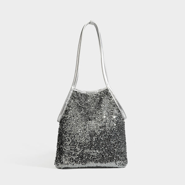 Kleiner Schulter-Shopper mit Pailletten, langem Metallic-Riemen und trapezförmiger Silhouette, Detailansicht 4