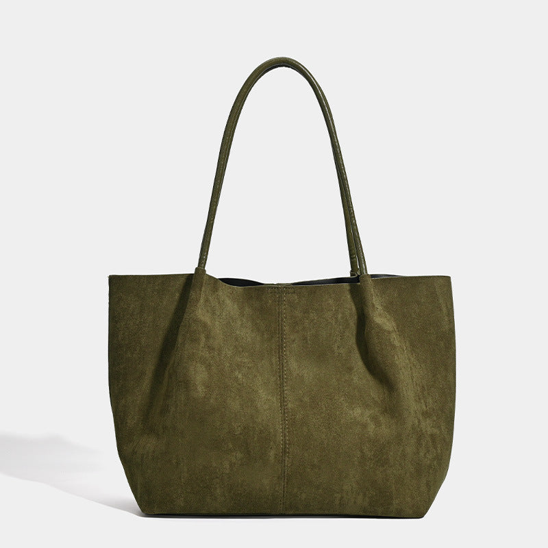 Large open-top suede-finish tote bag with slim shoulder straps in dark brown, detail view 7