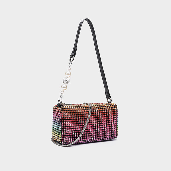 Small rectangular all-over rhinestone crossbody bag with pearl bead zipper pull and detachable silver chain strap, detail