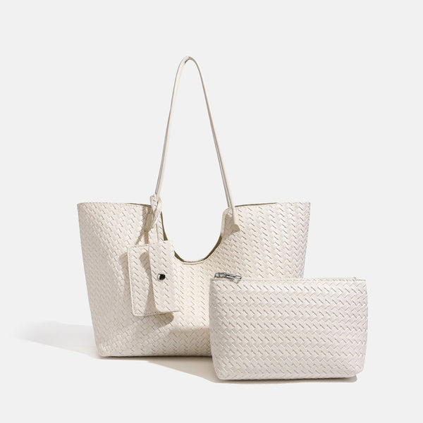 Braune, gewebte Tote-Bag aus Lederoptik mit offenem Design, langen Schulterriemen und passender Reißverschlusstasche, Detailansicht 7