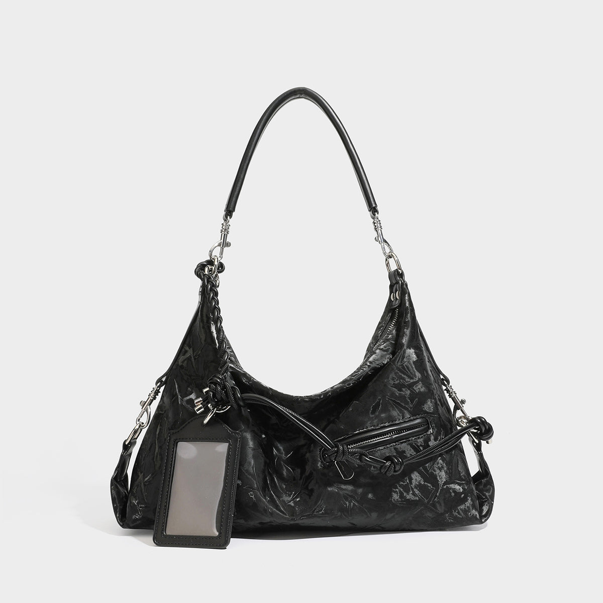 Slouchy hobo shoulder bag in crinkled metallic brown leather-look finish with braided rope knots, silver-tone hardware