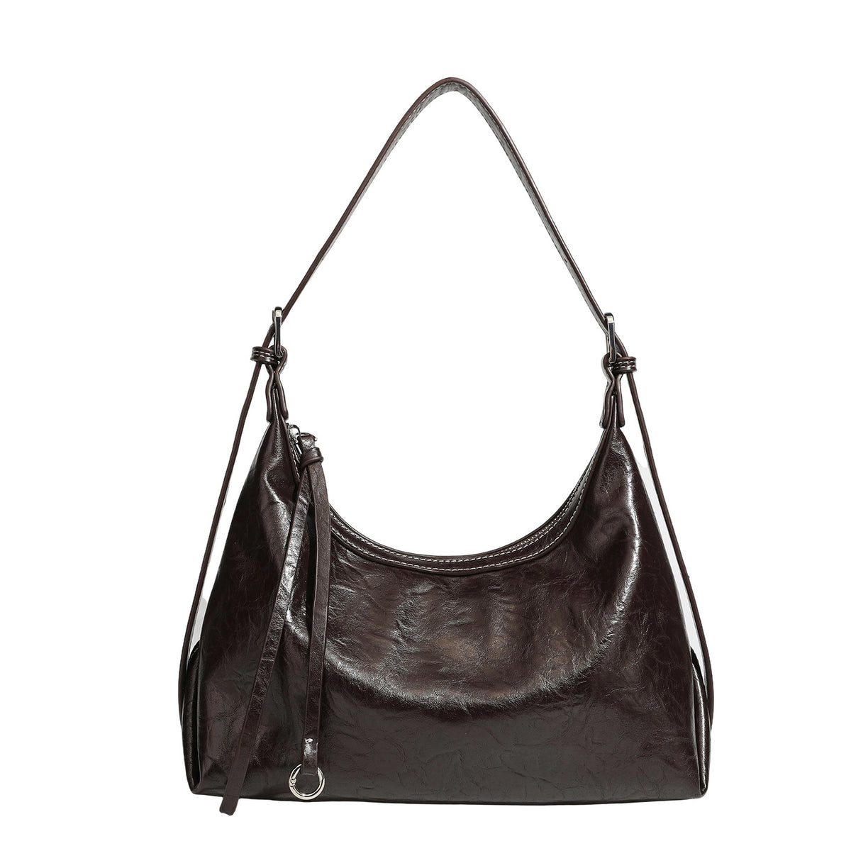 Slouchy hobo shoulder bag in glossy crinkled leather-look finish with zip-top closure and silver-tone ring hardware, detail