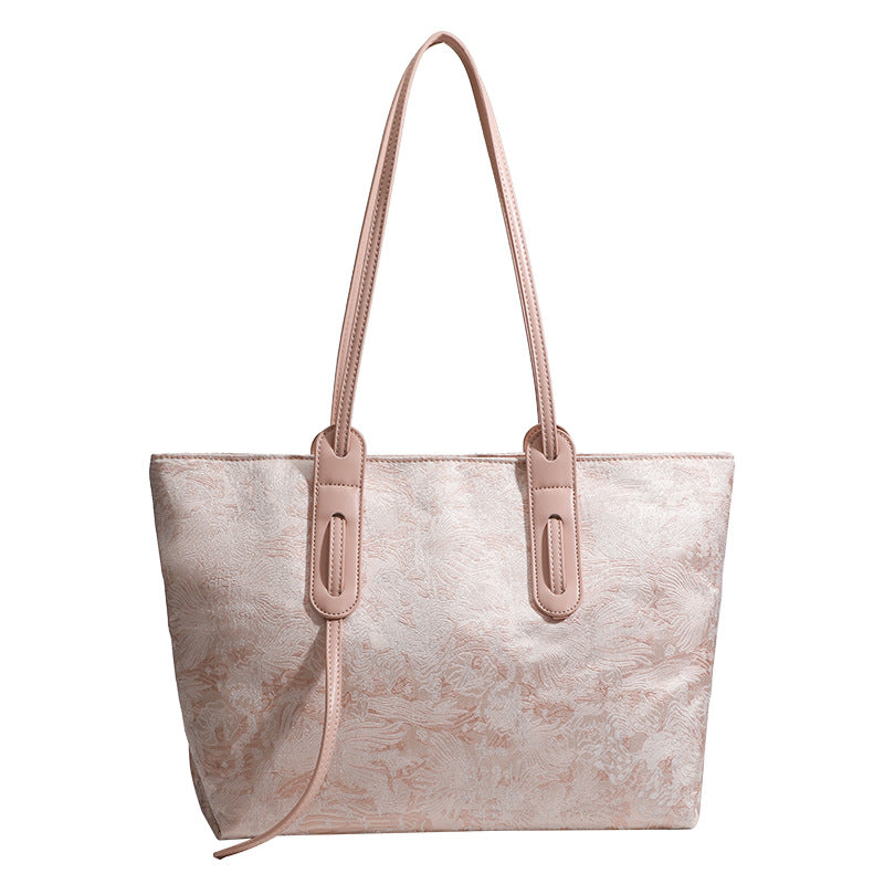 Large structured floral jacquard tote bag with long leather-look shoulder strap, detail view 5