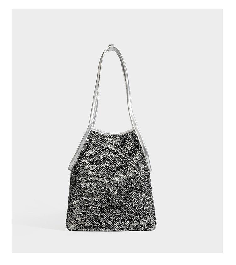 Kleine Schulter-Tote-Bag mit Pailletten, langem Metallic-Riemen und trapezförmiger Silhouette, Detailansicht 14
