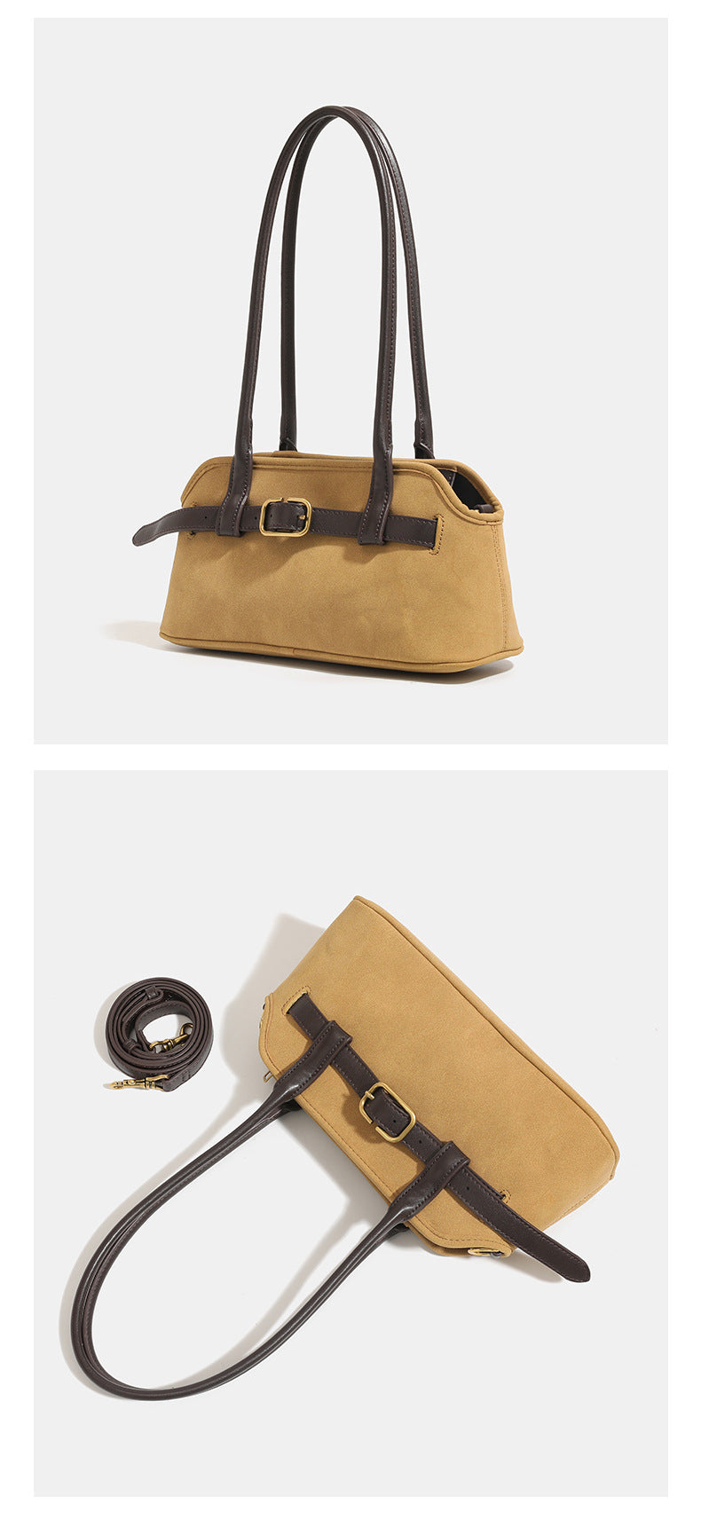 Kleine strukturierte Retro-Schultertasche mit Schnallendetail am Riemen, zwei Henkeln und goldfarbenen Beschlägen, Detailansicht 12