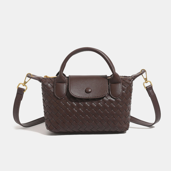 Small structured woven leather-look top-handle bag with gold-tone hardware and detachable crossbody strap, detail view 9