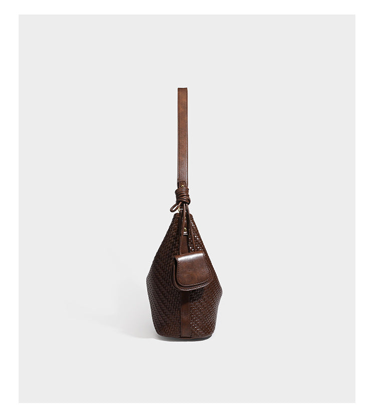 Woven-look slouchy hobo shoulder bag in brown with attached mini pouch and gold-tone hardware, detail view 13