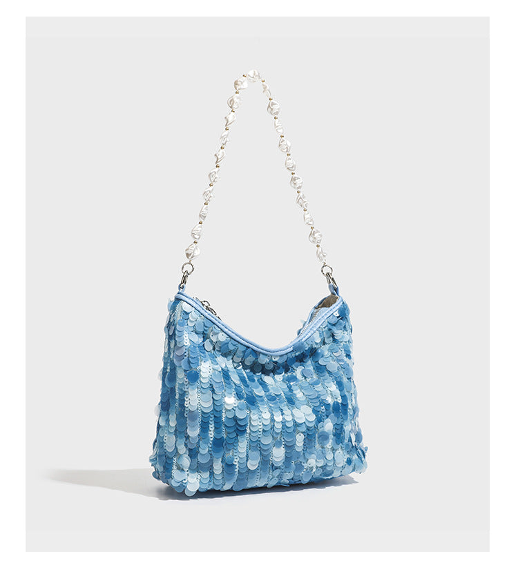 Small crescent sequin shoulder bag with pearl beaded strap and zip closure, detail view 19