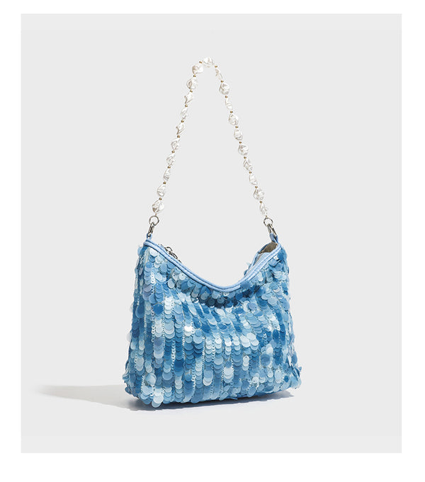 Small crescent sequin shoulder bag with pearl beaded strap and zip closure, detail view 19