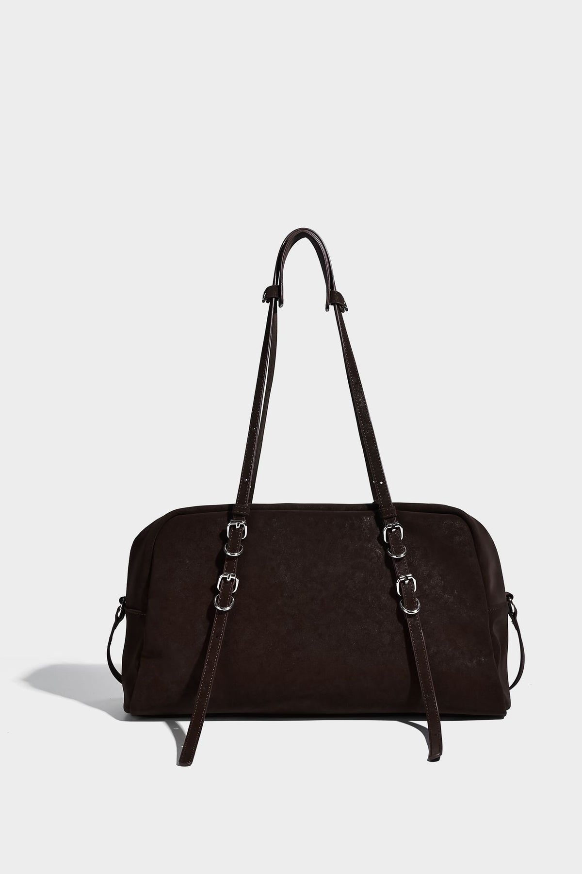 Structured rectangular matte suede-like shoulder bag with silver-tone hardware, zip closure, double top handles, and, detail