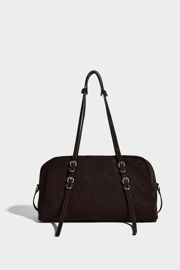 Structured rectangular matte suede-like shoulder bag with silver-tone hardware, zip closure, double top handles, and, detail