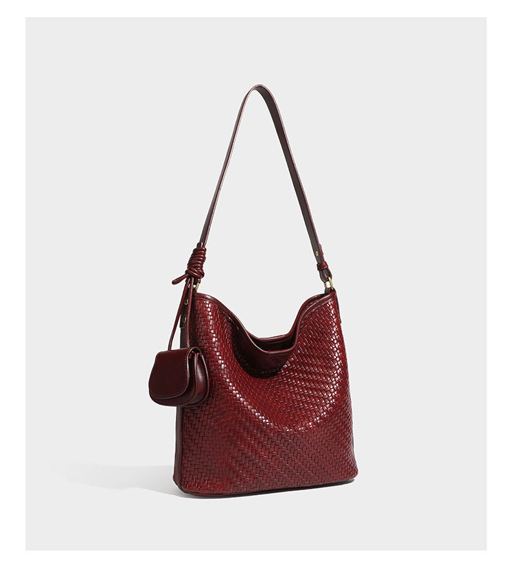 Woven-look slouchy hobo shoulder bag in brown with attached mini pouch and gold-tone hardware, detail view 19