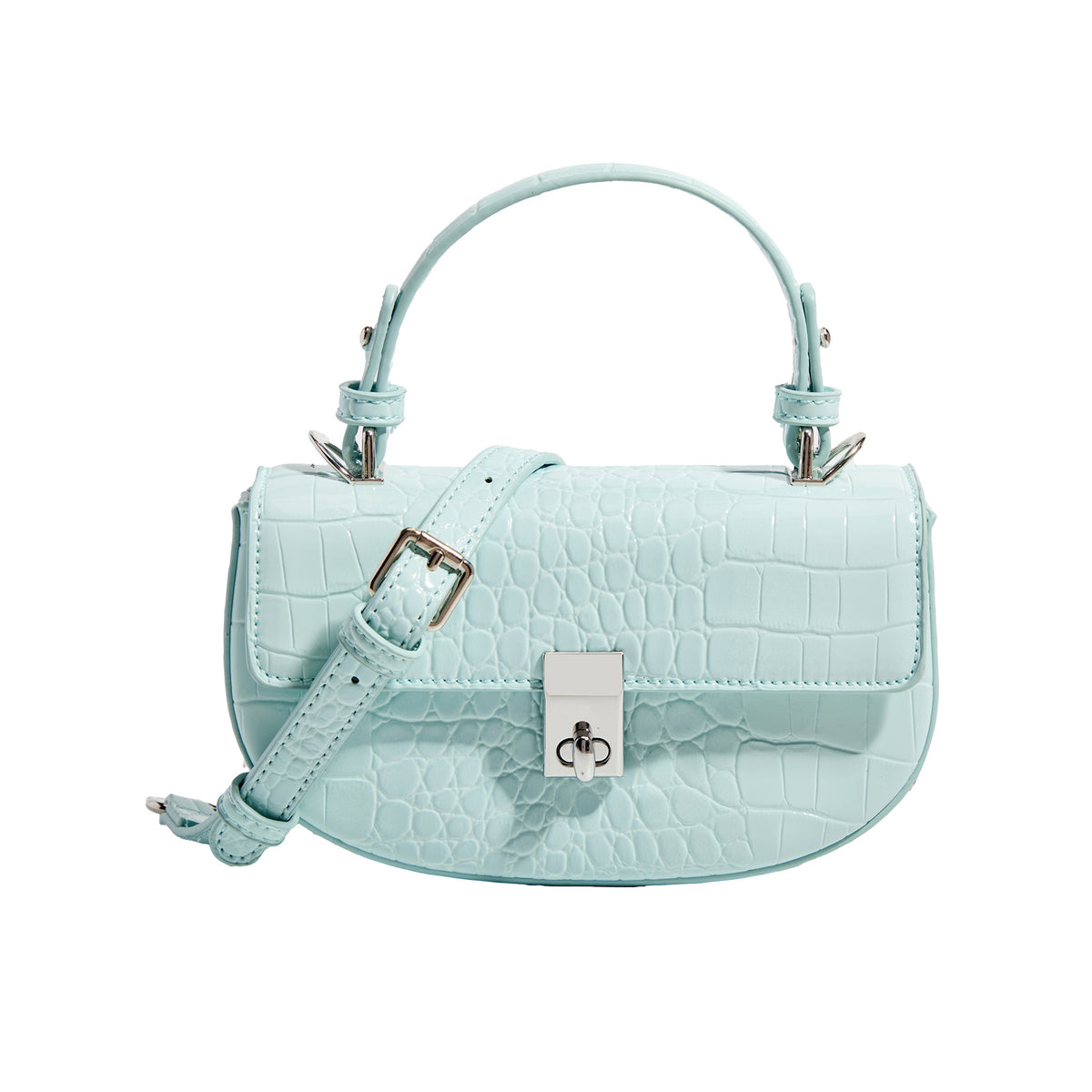 Glossy croc-embossed mini saddle bag with silver-tone turn-lock clasp and short top handle, detail view 5