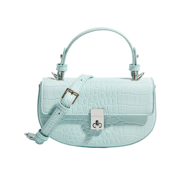 Glossy croc-embossed mini saddle bag with silver-tone turn-lock clasp and short top handle, detail view 5