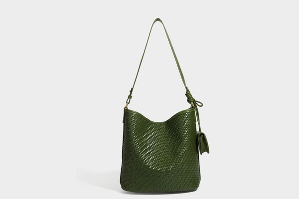 Woven-look slouchy hobo shoulder bag in brown with attached mini pouch and gold-tone hardware, detail view 41
