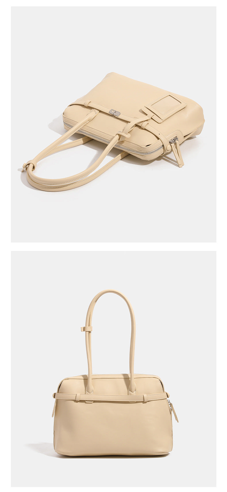 Structured leather-look zip-top tote satchel with twin handles, front turn-lock strap, hanging ID tag, and silver-tone