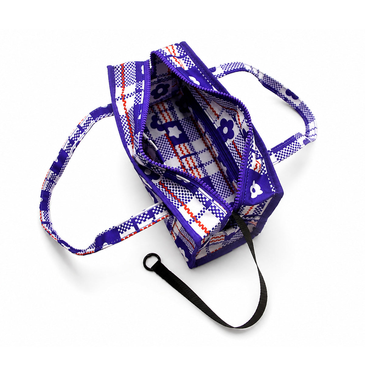 Structured rectangular retro plaid mini handbag with flower and star appliqués, silver star charm, and twin top handles