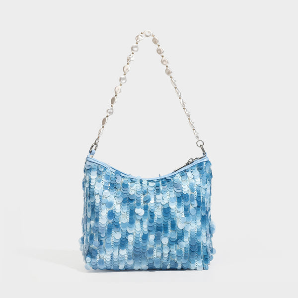 Small crescent sequin shoulder bag with pearl beaded strap and zip closure, detail view 8