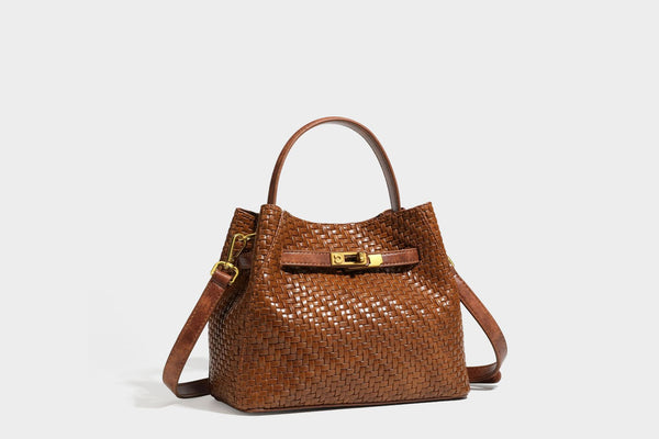 Structured woven leather-look bucket bag with gold-tone turn-lock hardware and detachable shoulder strap, detail view 48