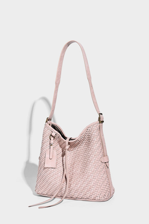Slouchy woven-texture bucket shoulder bag with tassel tie closure and gold-tone hardware, detail view 20
