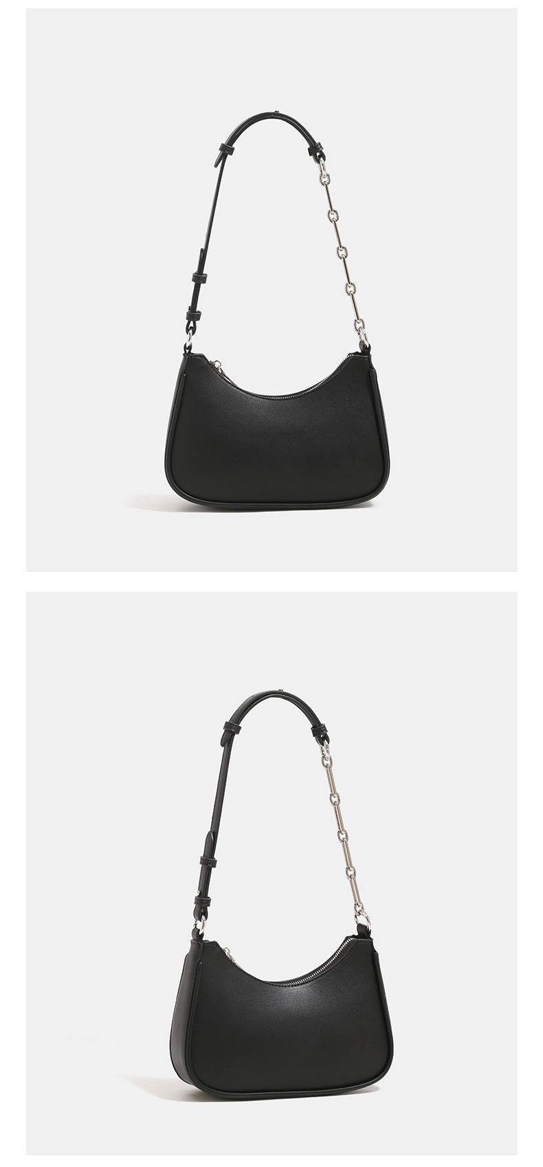 Compact crescent half-moon shoulder bag with chain-and-leather adjustable strap and silver-tone hardware, detail view 11